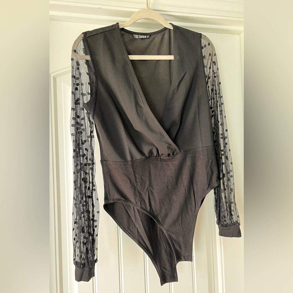 Shein Black Bodysuit w/sheer long sleeves (black polka dots)